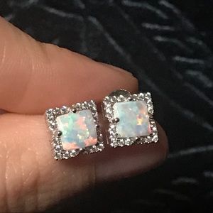 Princess cut white fire opal halo setting earrings